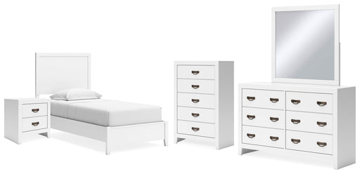 Binterglen Twin Panel Bed with Mirrored Dresser, Chest and Nightstand in White - PKG016604