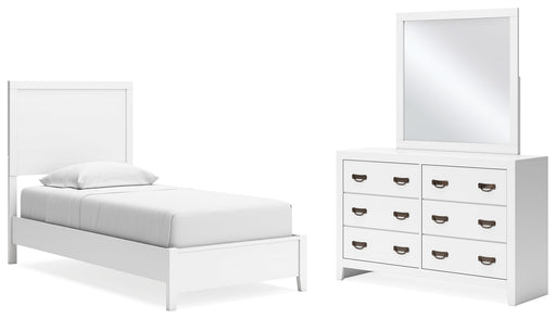 Binterglen Twin Panel Bed with Mirrored Dresser in White - PKG016599