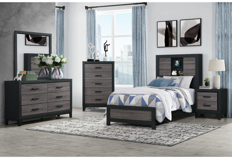 Lisbon Grey/Black Bookcase Twin Bed, Dresser, Mirror And Nightstand - LISBON-GREY/BLACK-BOOKCASE TB DR MR NS