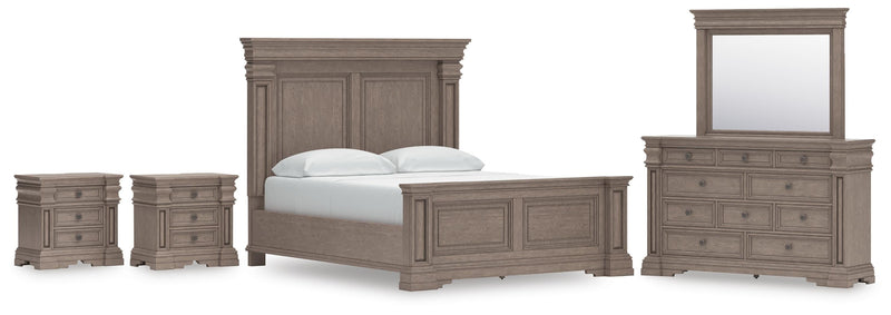 Blairhurst California King Panel Bed, Dresser, Mirror and 2 Nightstands in Light Grayish Brown - PKG017010