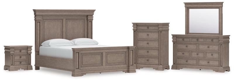 Blairhurst California King Panel Bed with Mirrored Dresser, Chest and Nightstand in Light Grayish Brown from Ashley - Luna Furniture