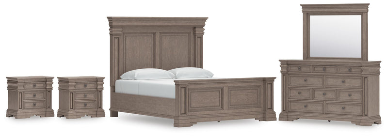 Blairhurst King Panel Bed, Dresser, Mirror and 2 Nightstands in Light Grayish Brown - PKG017001