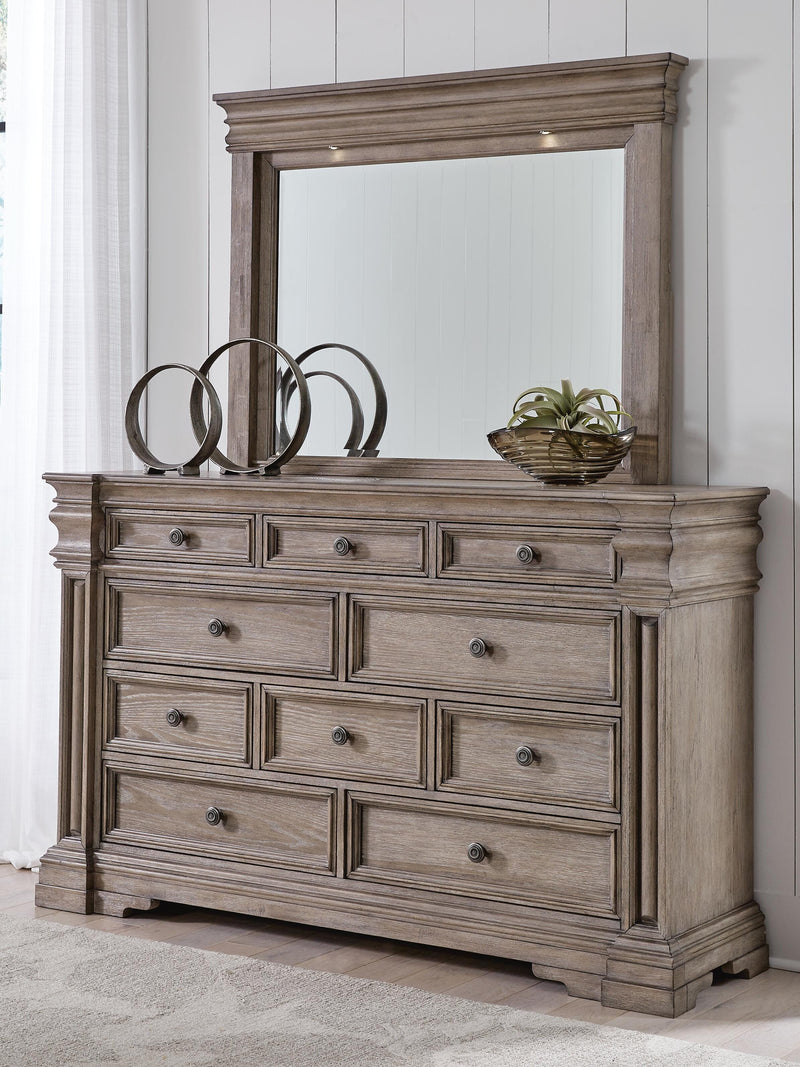 Blairhurst King Panel Bed, Dresser, Mirror and Chest in Light Grayish Brown - PKG017004