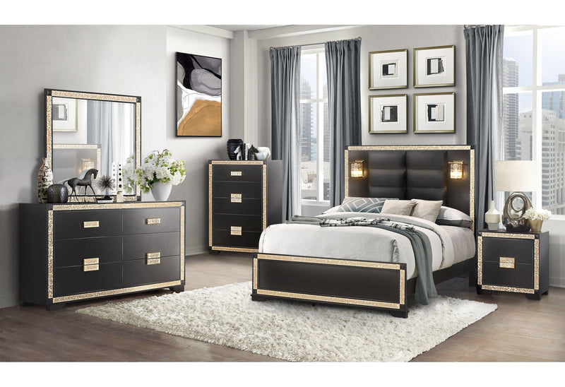Blake Black Queen Bed With Lamps - Gate FurnitureQueen Bed
