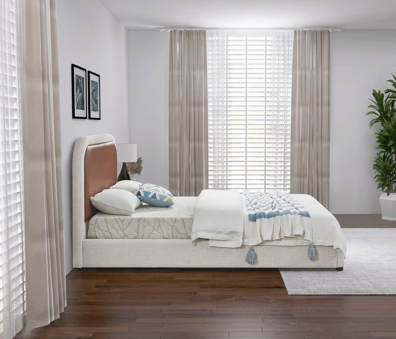 Blake Two Tone Vegan Leather and Linen Textured Fabric King Bed Brown - Gate FurnitureKing Bed