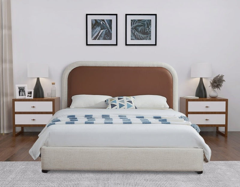 Blake Two Tone Vegan Leather and Linen Textured Fabric King Bed Brown - Gate FurnitureKing Bed