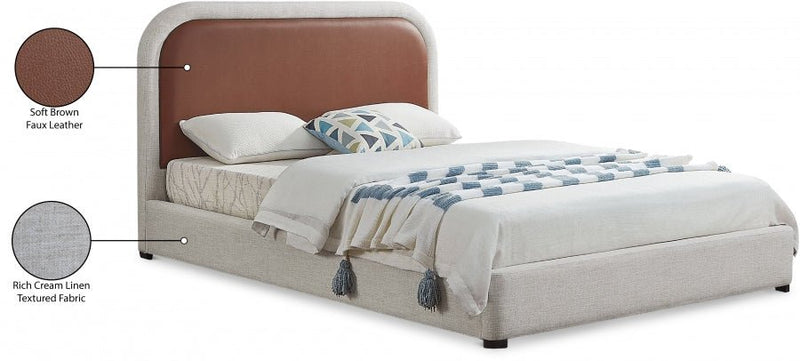 Blake Two Tone Vegan Leather and Linen Textured Fabric Queen Bed Brown - Gate FurnitureQueen Bed