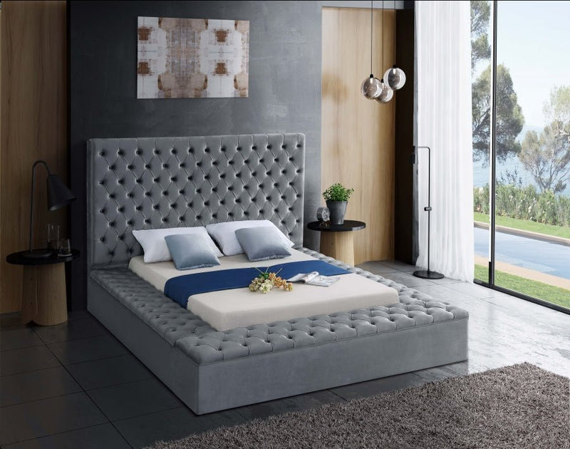 Bliss Velvet Queen Bed (3 Boxes) Grey - Gate FurnitureQueen Bed