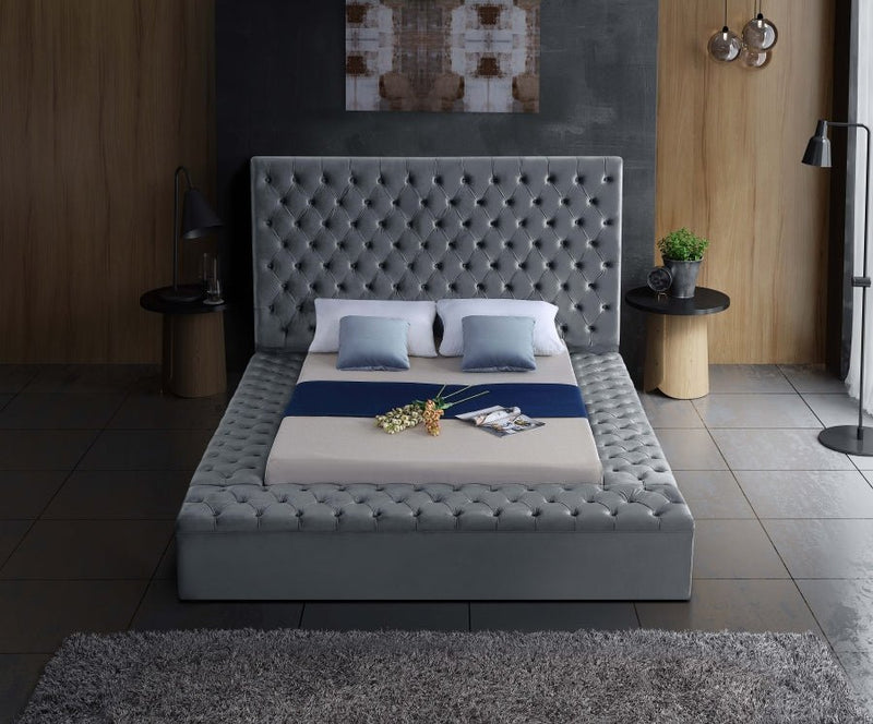 Bliss Velvet Queen Bed (3 Boxes) Grey - Gate FurnitureQueen Bed