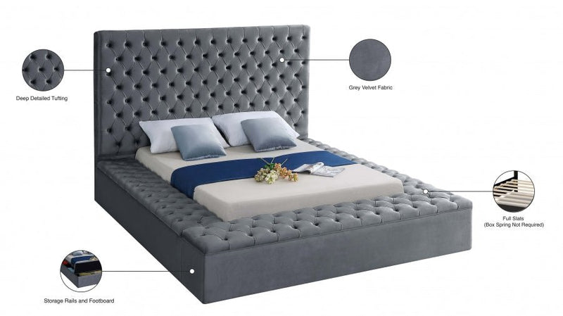Bliss Velvet Queen Bed (3 Boxes) Grey - Gate FurnitureQueen Bed