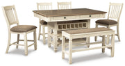 Bolanburg Antique White Counter Height Dining Table, 4 Barstools, Bench and Server - D647D32