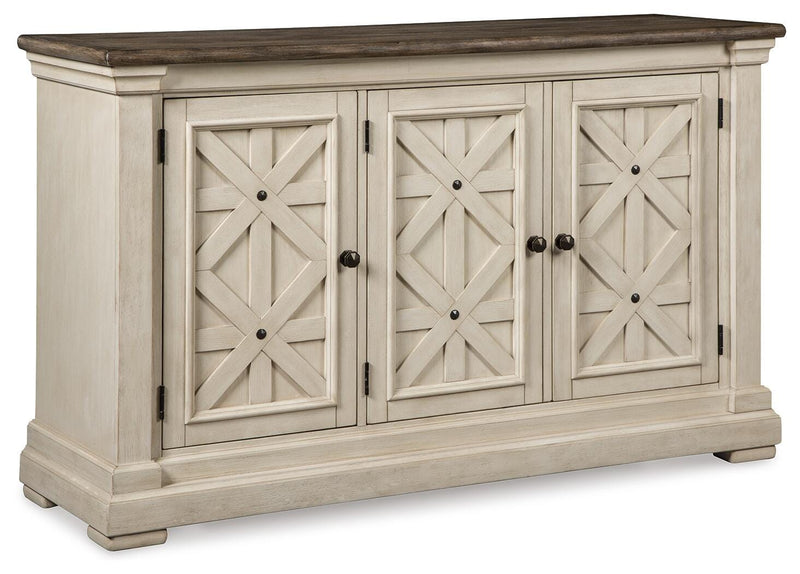 Bolanburg Antique White Counter Height Dining Table, 4 Barstools, Bench and Server - D647D32