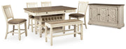 Bolanburg Antique White Counter Height Dining Table, 4 Barstools, Bench and Server - D647D32
