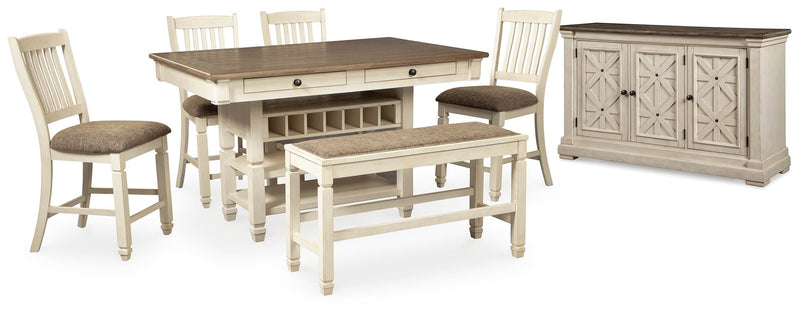 Bolanburg Antique White Counter Height Dining Table, 4 Barstools, Bench and Server - D647D32