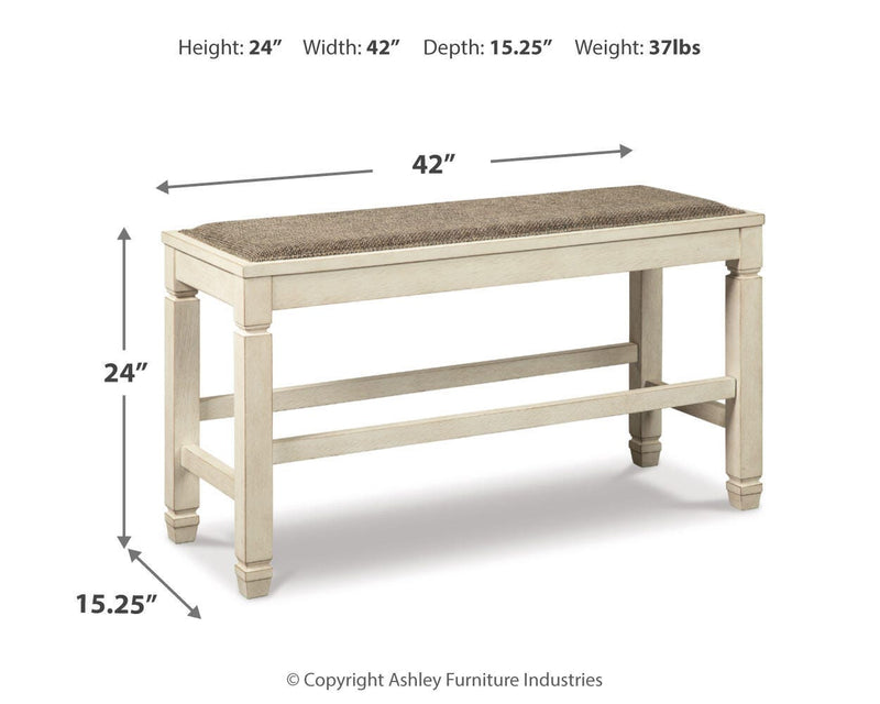 Bolanburg Antique White Counter Height Dining Table, 4 Barstools, Bench and Server - D647D32