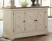 Bolanburg Antique White Counter Height Dining Table, 4 Barstools, Bench and Server - D647D32
