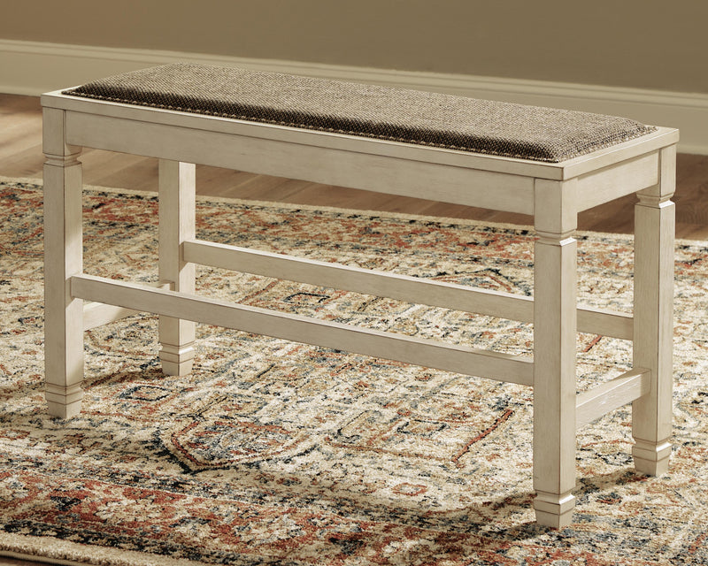 Bolanburg Antique White Counter Height Dining Table, 4 Barstools, Bench and Server - D647D32