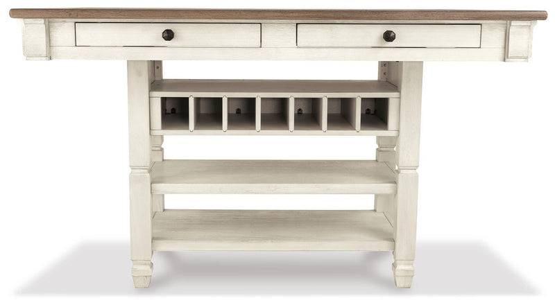 Bolanburg Antique White Counter Height Dining Table, 4 Stools, Bench and 2 Display Cabinets - D647D29