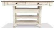 Bolanburg Antique White Counter Height Dining Table, 4 Stools, Bench and 2 Display Cabinets - D647D29