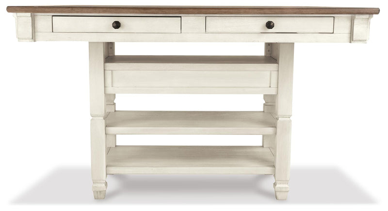 Bolanburg Antique White Counter Height Dining Table, 4 Stools, Bench and 2 Display Cabinets - D647D29