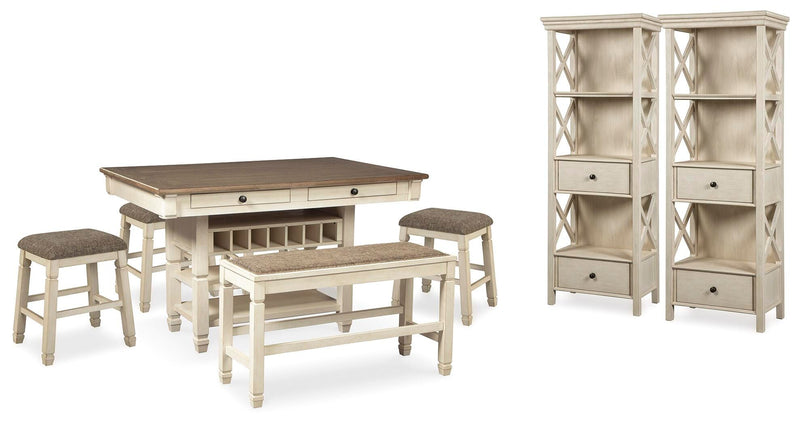 Bolanburg Antique White Counter Height Dining Table, 4 Stools, Bench and 2 Display Cabinets - D647D29