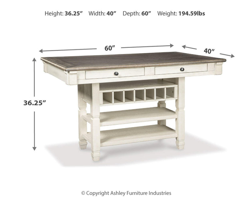 Bolanburg Antique White Counter Height Dining Table, 4 Stools, Bench and 2 Display Cabinets - D647D29