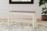 Bolanburg Antique White Counter Height Dining Table, 4 Stools, Bench and 2 Display Cabinets - D647D29