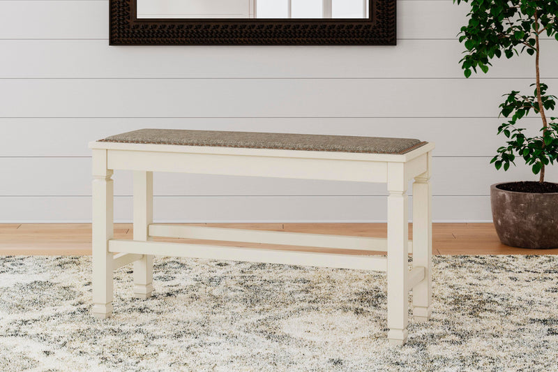 Bolanburg Antique White Counter Height Dining Table, 4 Stools, Bench and 2 Display Cabinets - D647D29