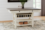 Bolanburg Antique White Counter Height Dining Table, 4 Stools, Bench and 2 Display Cabinets - D647D29