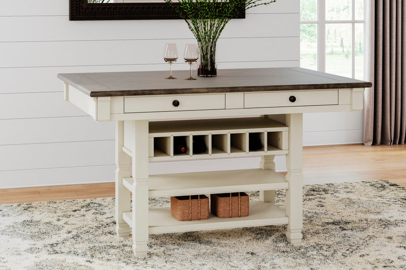 Bolanburg Antique White Counter Height Dining Table, 4 Stools, Bench and 2 Display Cabinets - D647D29