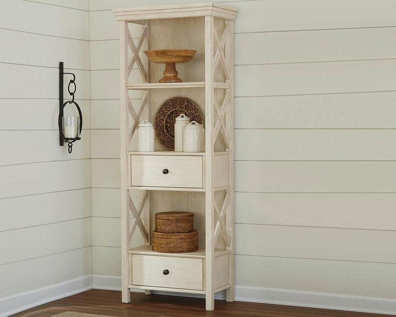 Bolanburg Antique White Counter Height Dining Table, 4 Stools, Bench and 2 Display Cabinets - D647D29