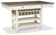 Bolanburg Antique White Counter Height Dining Table, 4 Stools, Bench and 2 Display Cabinets - D647D29