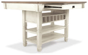 Bolanburg Antique White Counter Height Dining Table, 4 Stools, Bench and 2 Display Cabinets - D647D29