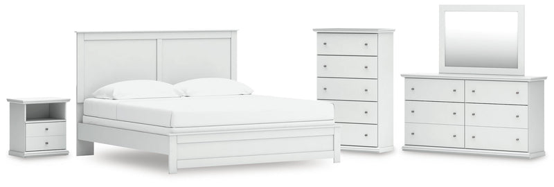 Bostwick Shoals King Panel Bed, Dresser, Mirror, Chest and Nightstand in White - PKG021584