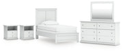 Bostwick Shoals Twin Panel Bed, Dresser, Mirror and 2 Nightstands in White - PKG021556