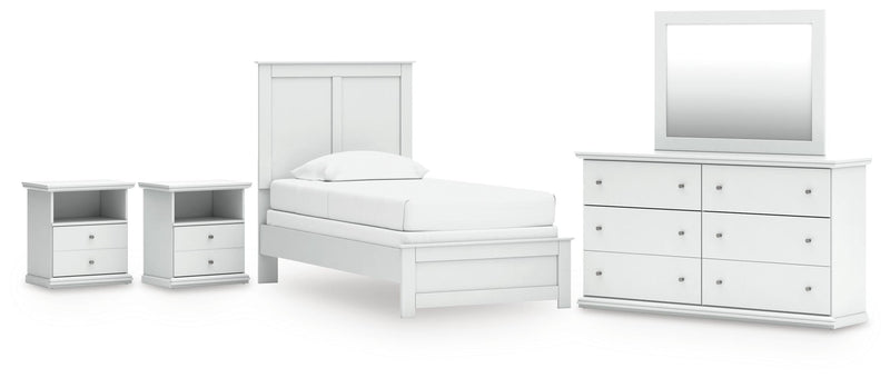 Bostwick Shoals Twin Panel Bed, Dresser, Mirror and 2 Nightstands in White - PKG021556