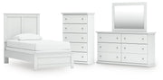 Bostwick Shoals Twin Panel Bed, Dresser, Mirror and Chest in White - PKG021559