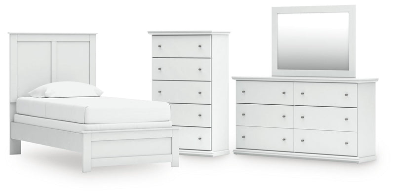 Bostwick Shoals Twin Panel Bed, Dresser, Mirror and Chest in White - PKG021559