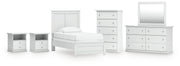Bostwick Shoals Twin Panel Bed, Dresser, Mirror, Chest and 2 Nightstands in White - PKG021557
