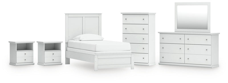 Bostwick Shoals Twin Panel Bed, Dresser, Mirror, Chest and 2 Nightstands in White - PKG021557