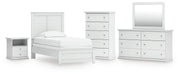 Bostwick Shoals Twin Panel Bed, Dresser, Mirror, Chest and Nightstand in White - PKG021560