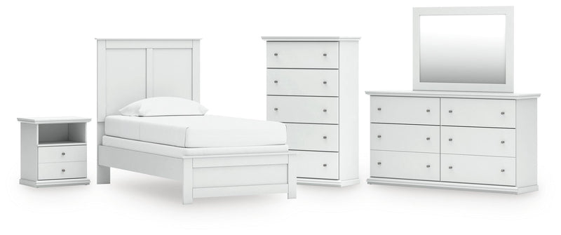 Bostwick Shoals Twin Panel Bed, Dresser, Mirror, Chest and Nightstand in White - PKG021560