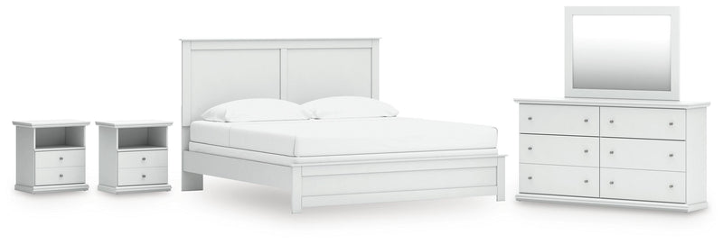 Bostwick Shoals White King Panel Bed, Dresser, Mirror and 2 Nightstands - B139B52