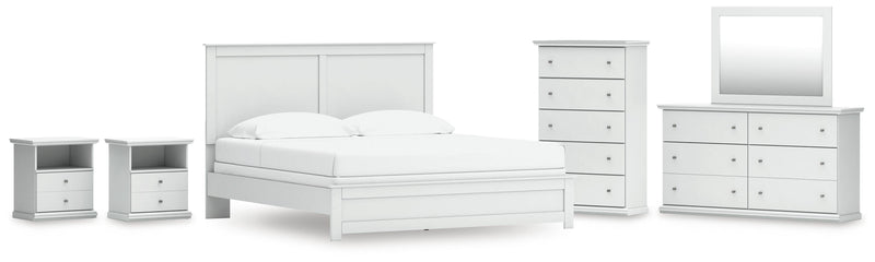 Bostwick Shoals White King Panel Bed, Dresser, Mirror, Chest and 2 Nightstands - B139B53