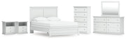 Bostwick Shoals White Queen Panel Bed with Mirrored Dresser, Chest and 2 Nightstands - B139B49
