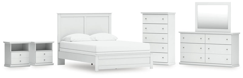 Bostwick Shoals White Queen Panel Bed with Mirrored Dresser, Chest and 2 Nightstands - B139B49