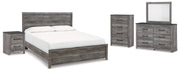 Bronyan King Panel Bed with Mirrored Dresser, Chest and Nightstand in Dark Gray - PKG014950