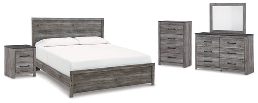 Bronyan King Panel Bed with Mirrored Dresser, Chest and Nightstand in Dark Gray - PKG014950