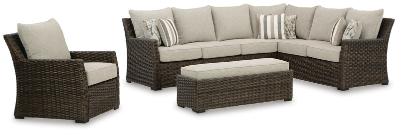 Brook Ranch 3-Piece Outdoor Sectional with Chair in Brown - PKG023647