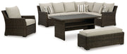 Brook Ranch Outdoor Sectional Set with Lounge Chair and Coffee Table in Brown from Ashley - Luna Furniture